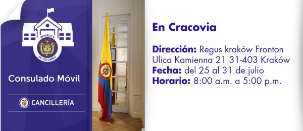 El Consulado de Colombia en Varsovia realizará una jornada móvil en Cracovia del 25 al 31 de julio